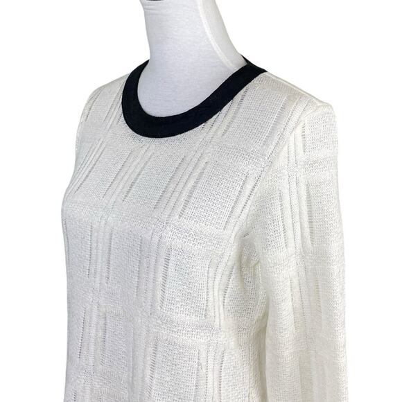 Waverly Grey Cream Thin Open Knit Black Trim Pullover Long Sleeve Sweater - Picture 7 of 11
